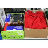 A box of LAP down lights, Sky HD box, bar drip trays, glasses,