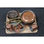 A tray of copper saucepans, copper dish,