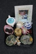 A tray of decorative china, Danbury Mint cottages, oriental figure,