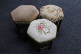 Three hexagonal upholstered footstools