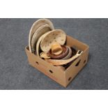 A box of wicker bowls, treen bowls,