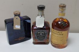 Three bottles of whisky : Jack Daniels single barrel,