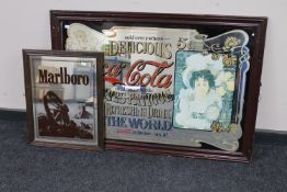 A framed Coca Cola advertising mirror together with a Marlboro mirror