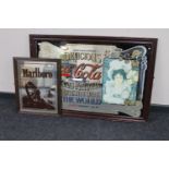 A framed Coca Cola advertising mirror together with a Marlboro mirror