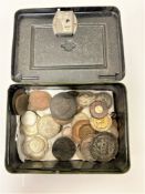 A miniature metal money box in the form of a safe containing Victorian and later coins,