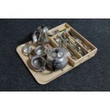 A tray of four piece plated tea service, tea strainer on stand,