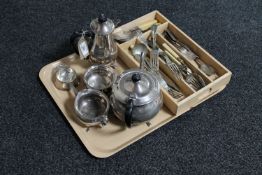 A tray of four piece plated tea service, tea strainer on stand,