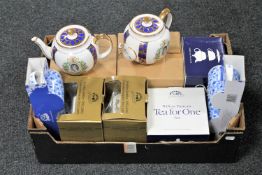 A box of two boxed Ringtons QE II Coronation teapots, two boxed Golden Jubilee tea caddies,