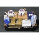 A box of two boxed Ringtons QE II Coronation teapots, two boxed Golden Jubilee tea caddies,