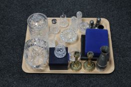 A tray of glass and crystal ware : vases, lidded jar, Stewart Crystal bowl, brass candlesticks,