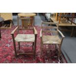 Two antique rush seated armchairs