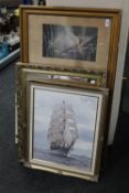 A gilt framed Edwardian mirror, two framed prints,