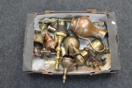 A box of brass, Eastern pots, candlesticks,