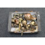 A box of brass, Eastern pots, candlesticks,