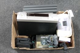 A box of household electricals : video recorder, picture make printer,