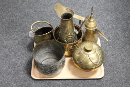 A tray of brass ware, large jug,