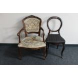 A Victorian bedroom chair and a continental armchair