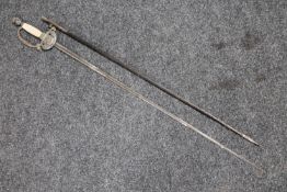 An early 20th century court sword with mother of pearl hilt and metal mounted leather scabbard