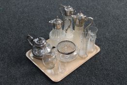 A tray of crystal, Mary Gregory style vases, decanters,