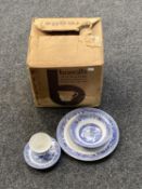 A boxed set of Barretts Staffordshire blue and white willow pattern china