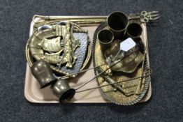 A tray of brass, crocodile nut cracker,