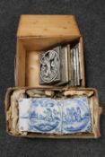 A quantity of blue and white antique tiles and a wooden crate of several Minton china tiles