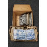 A quantity of blue and white antique tiles and a wooden crate of several Minton china tiles