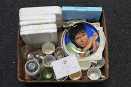 A box of collector's plates, china cups, commemorative ware,