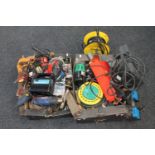 Two boxes of tools, power tools, cables, saw,
