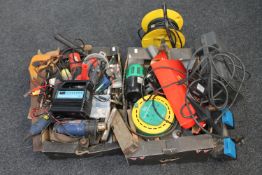 Two boxes of tools, power tools, cables, saw,