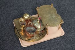 A tray of brass trivet, copper plates,