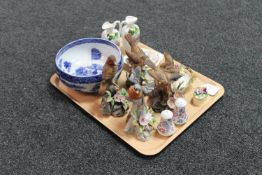 A tray of blue and white bowl, porcelain bird figures,