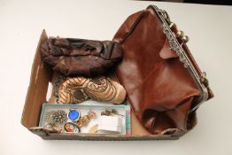 A box of brown leather hand bag, evening bags, costume jewellery,