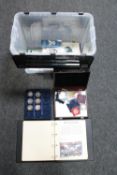 A box of miscellaneous commemorative coins and first day covers; Royalty, FA Cup,