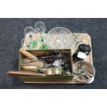 A tray of silver plated items, cutlery, wine coaster, barometer, crystal,