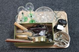 A tray of silver plated items, cutlery, wine coaster, barometer, crystal,
