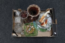 A box of glass decanters, vase,