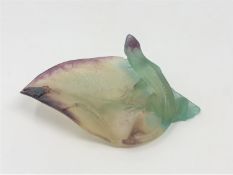 A Daum, France pate de verre dish modelled as a lizard on a leaf, signed to base,