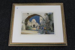 Noel Henry Leaver : Arab street scene with traders, 36 cm x 26 cm, framed.