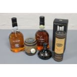 Six miniature bottles of whisky, The Dalmore, Penderyn,