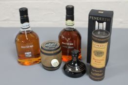 Six miniature bottles of whisky, The Dalmore, Penderyn,