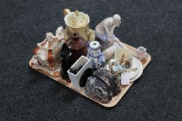A tray of Victorian shaped teapot on stand, crystal ornaments, Beswick Beatrix Potter figure,