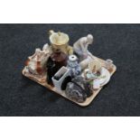 A tray of Victorian shaped teapot on stand, crystal ornaments, Beswick Beatrix Potter figure,