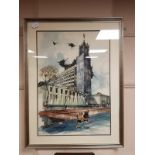 Tom Dack : Newcastle upon Tyne Civic Centre, pen and ink with watercolour, 52 cm x 74 cm, signed,