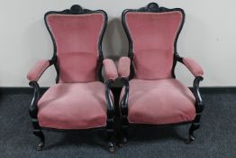 A pair ebonised antique armchairs in pink fabric