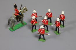 Seven Britiains painted lead British soldiers and a 2nd Dragoons Sergeant on horseback