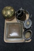An Eastern trinket box, brass pot,