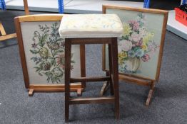 Two tapestry upholstered fire screens and a stool