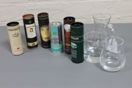 Six miniature bottles of whisky, in tubes, Aberlour 10 years, Edradour 10 years etc.