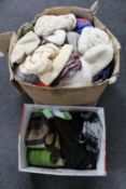 Two boxes of woollen hats and jumpers